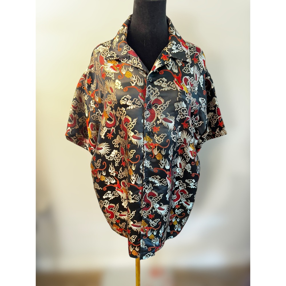 Vintage Street Culture 1990s Shirt M Black Sliver Asian Dragon Print Rave Grunge